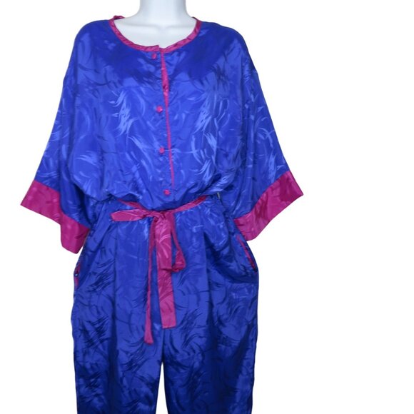 Vintage 80s Jumpsuit Womens Pink Purple Taper Leg Pockets Tie Belt Button Front - Picture 7 of 13